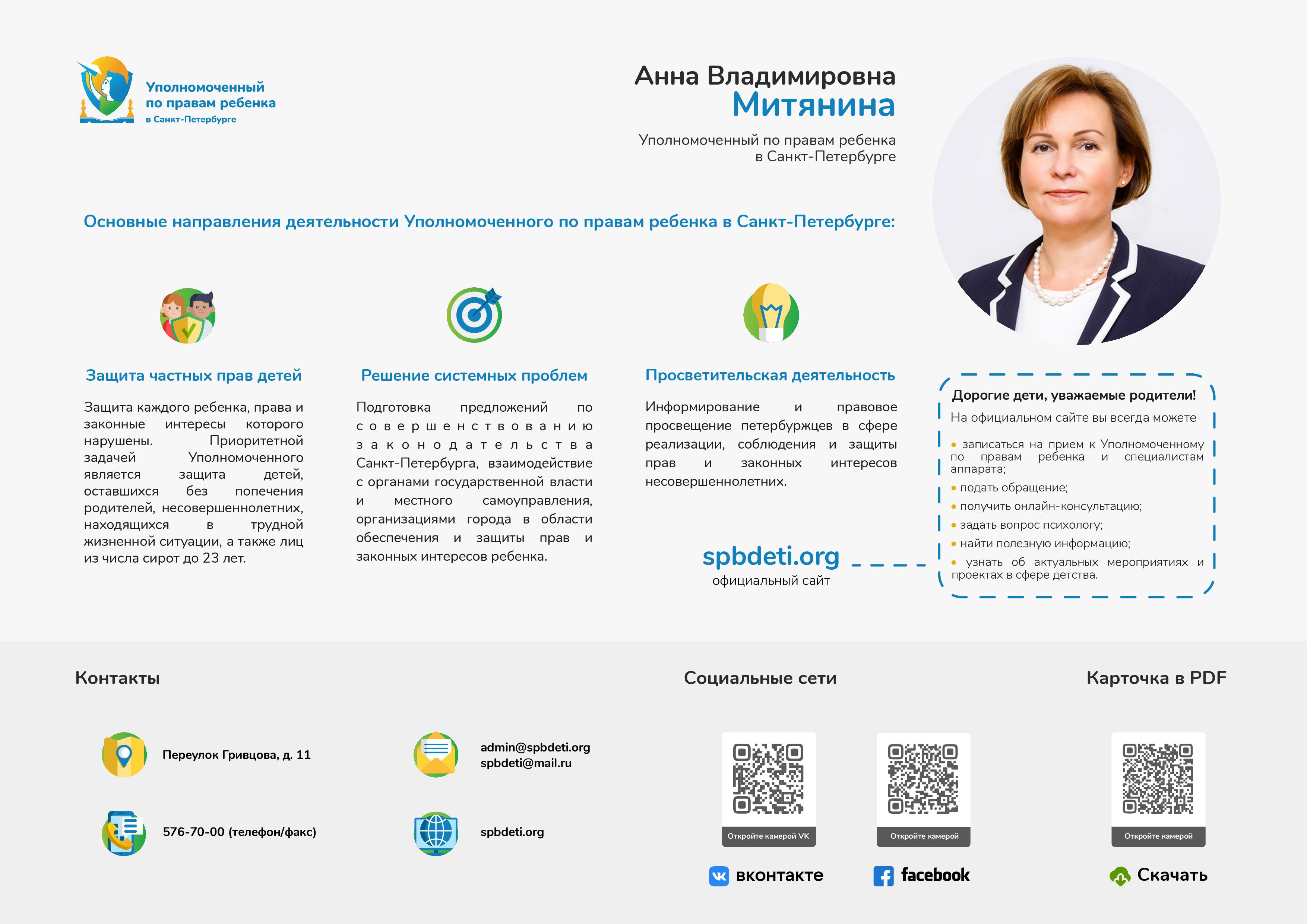 Информационная карточка аппарат Уполномоченного по правам ребенка в Санкт Петербурге